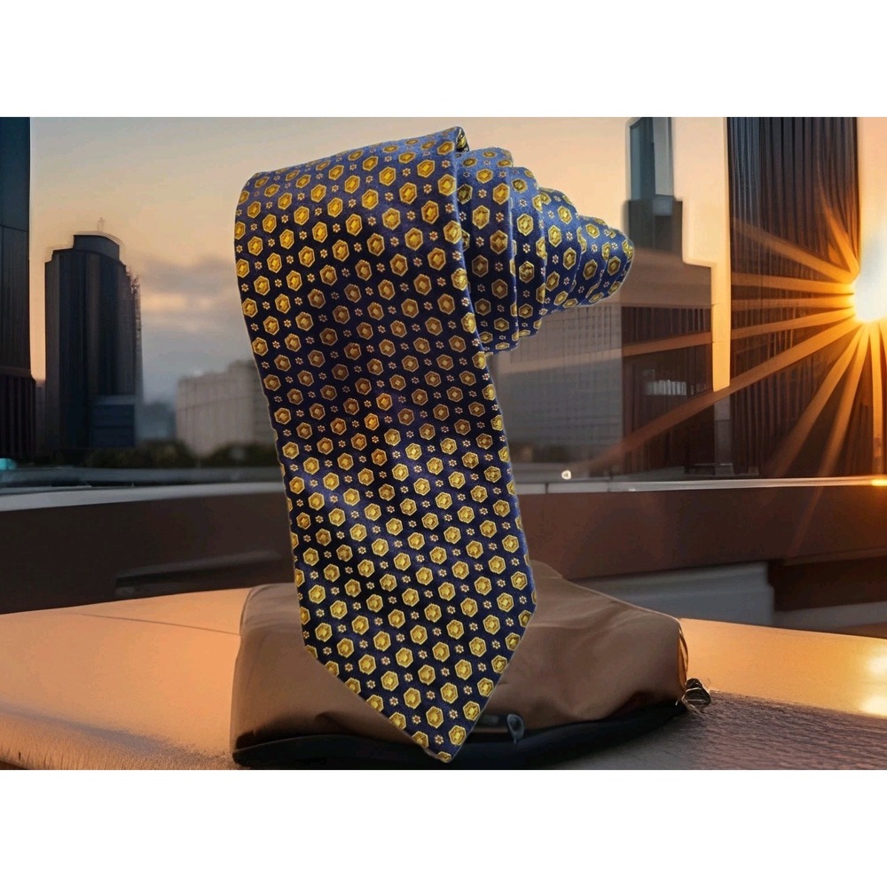 Boss Blue Geometric Blue‎ Gold Silk Men's Tie Made In Italy 1560
